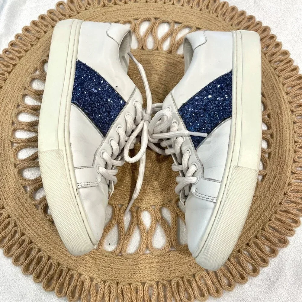 Tory Burch Carter Glitter Sneaker Women's Size 7M Lace Up White Blue
